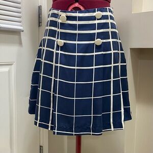 Joe Fresh woman blue and white plaid 100% silk pleated mini skirt. Size 6. Used.